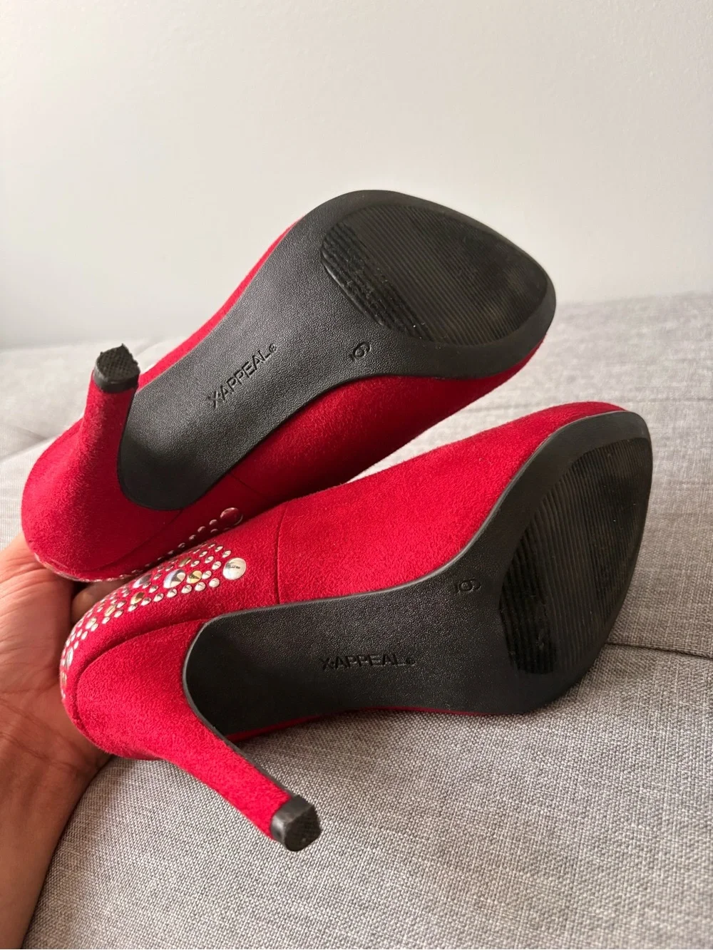 Xappeal Red Suede Rhinestone Heel Pumps